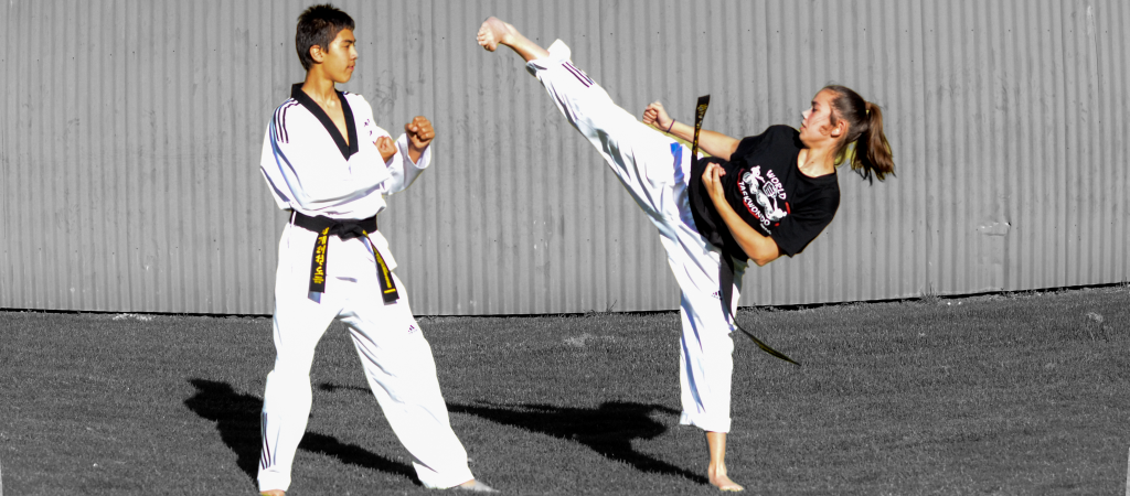 Image of two Youth practicing World Taekwondo kicking in the outdoors